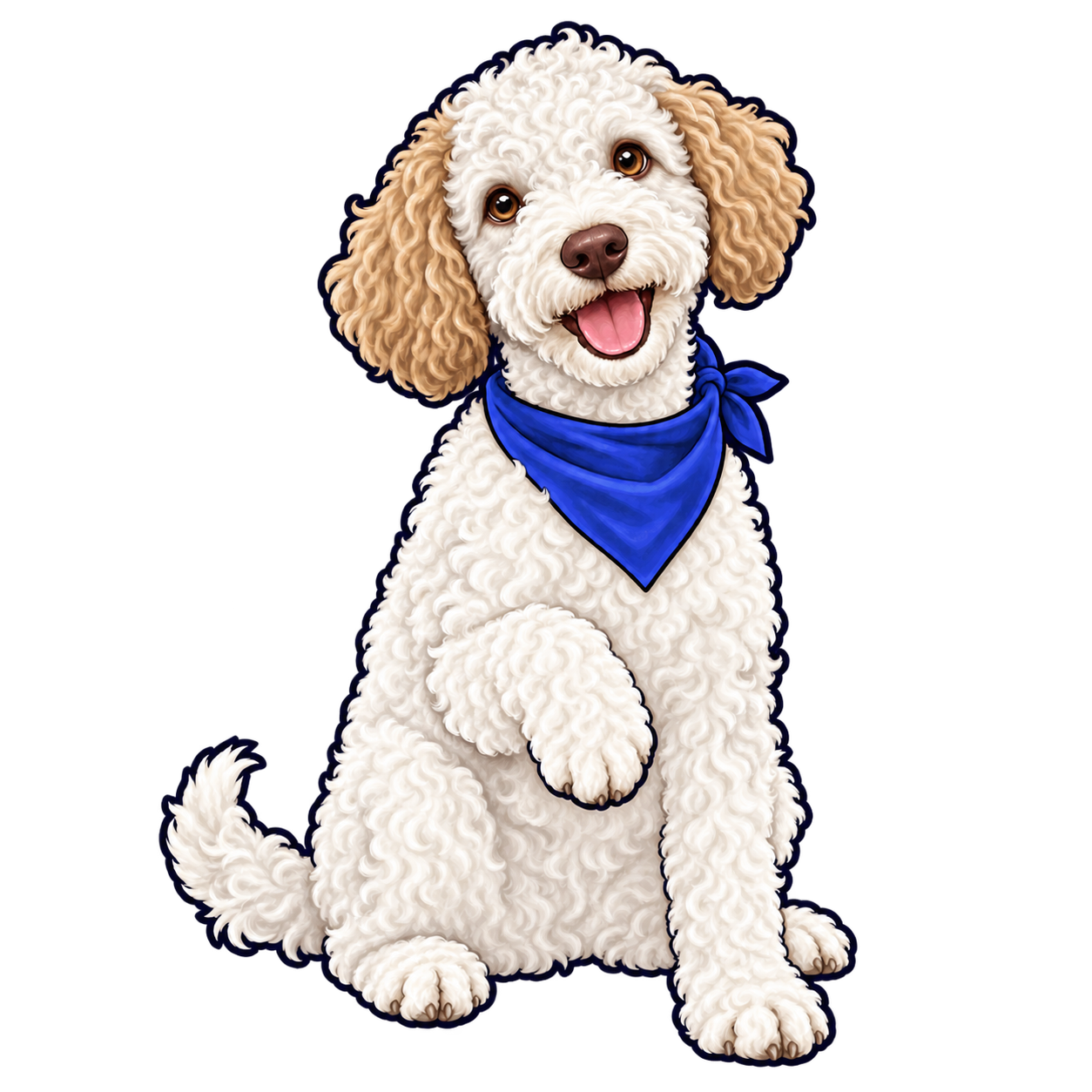 Tito, a curly-haired Lagotto mascot wearing a blue bandana